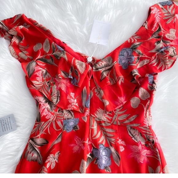 WAYF Chelsea Tiered Ruffle Maxi Dress Red Tropical Flutter Sleeves Floral NEW 1X - Picture 9 of 16